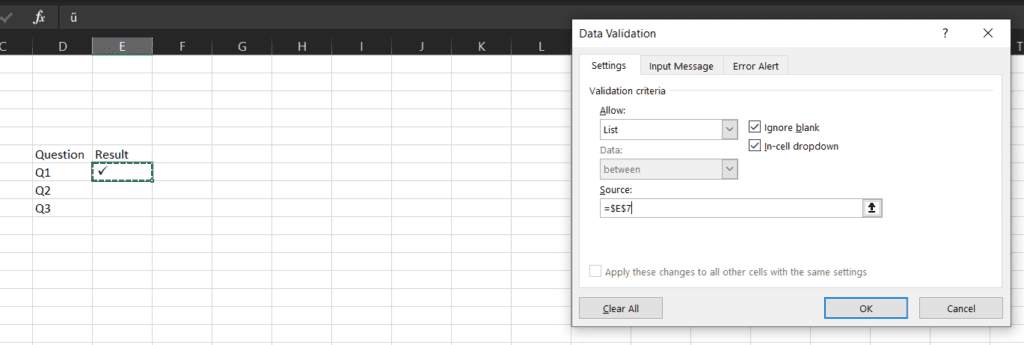Excel data validation criteria